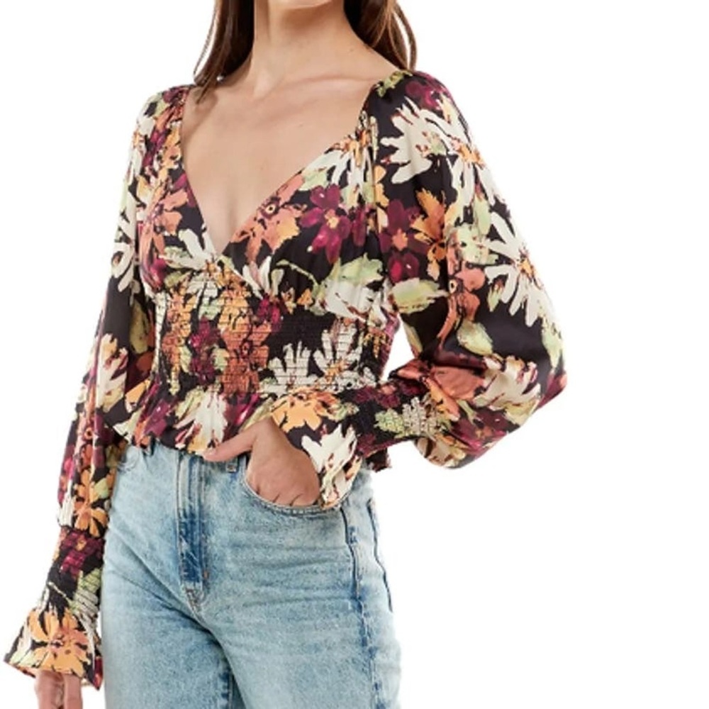 WAYF Black & Orange Painted Daisies Smocked Waist Long Sleeve Top XS